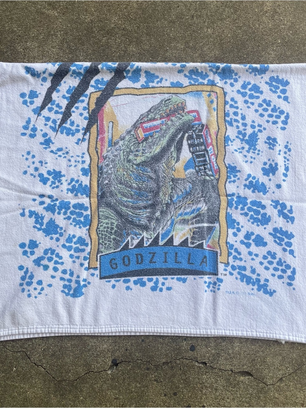 VTG 90's Godzilla Movie 1998 White Claw Mark Beach Towel 41x24 Cartoon Kidcore